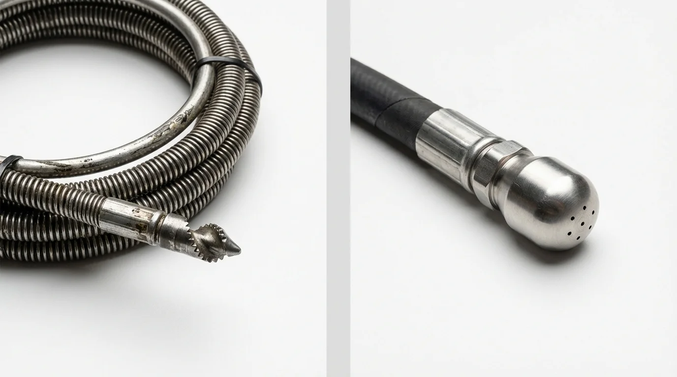 Drain snake cable and hydro jetting nozzle used for drain cleaning in Tempe, AZ