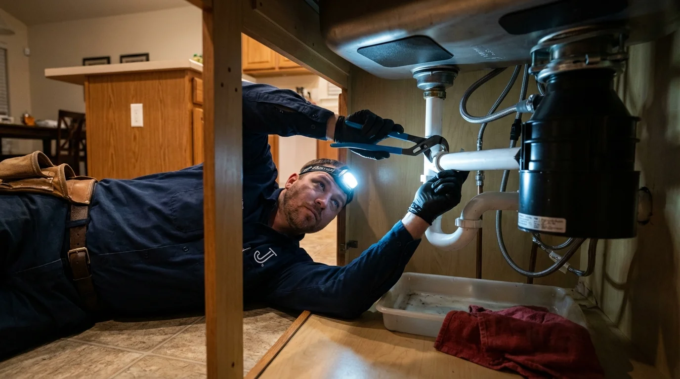 P-trap and supply line connections under a kitchen sink showing a common leak point in Tempe, AZ